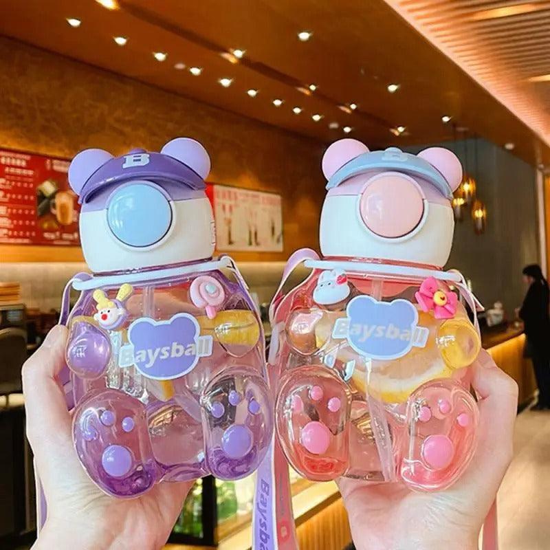 Bear-Shaped Transparent Kids' Water Bottle with Straw and Strap - 750ml - Image 9