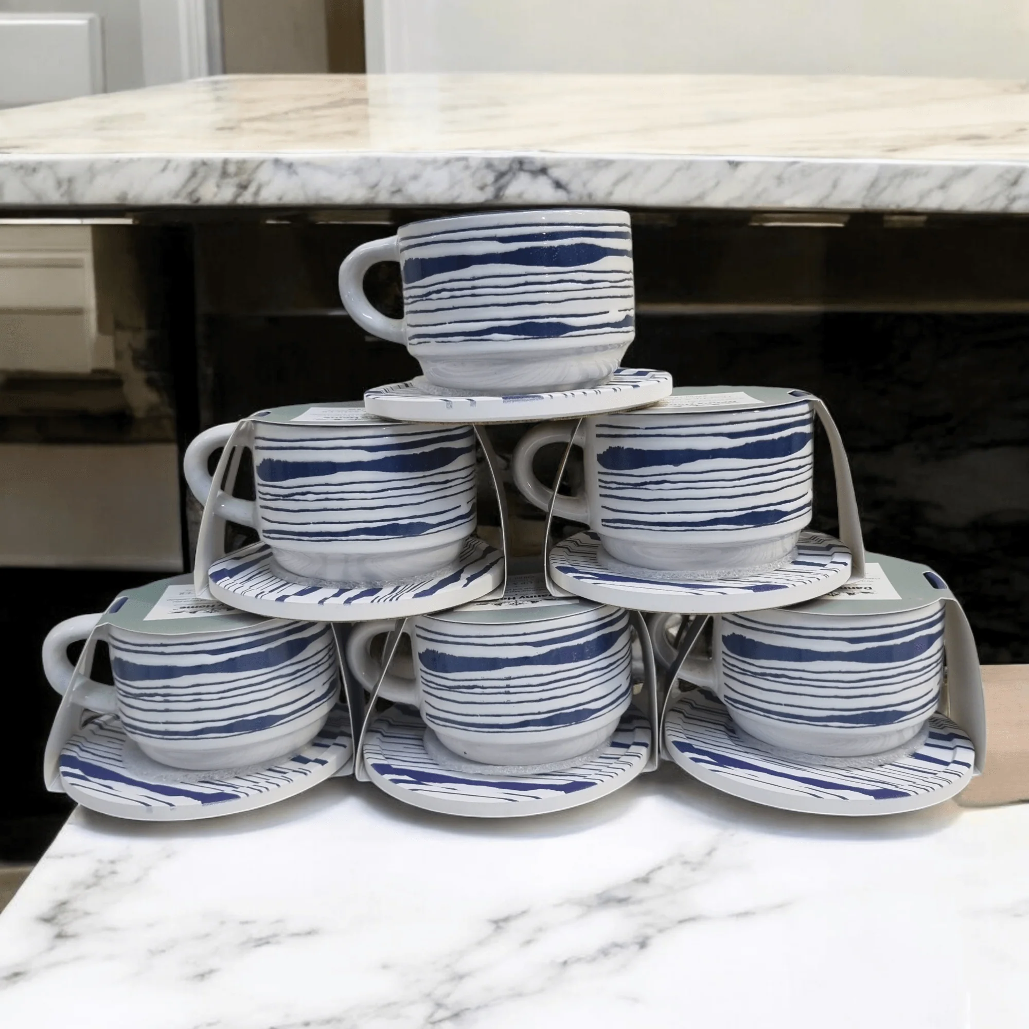 Blue and White Artistic Patterns - Ceramic Mugs with Coasters - Image 11
