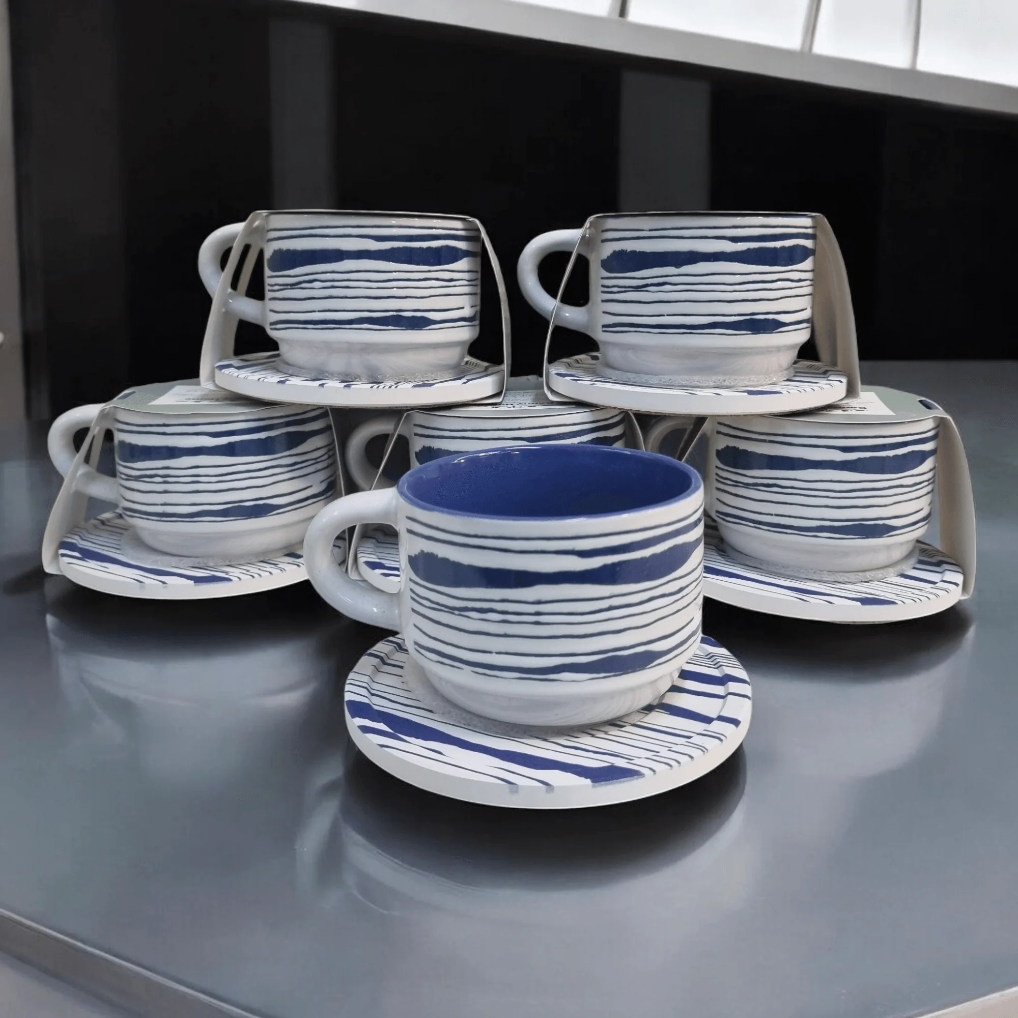 Blue and White Artistic Patterns - Ceramic Mugs with Coasters - Image 12