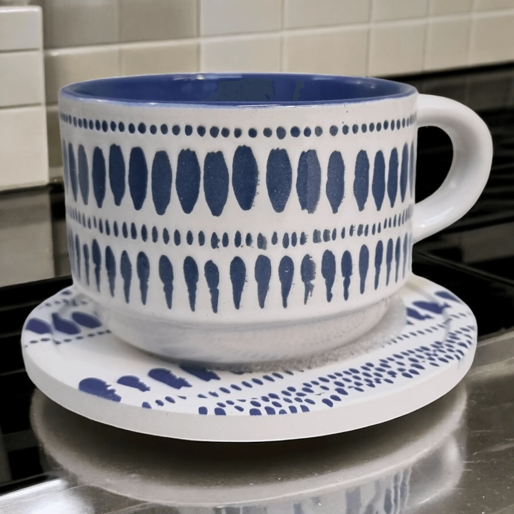 Blue and White Artistic Patterns - Ceramic Mugs with Coasters - Image 13