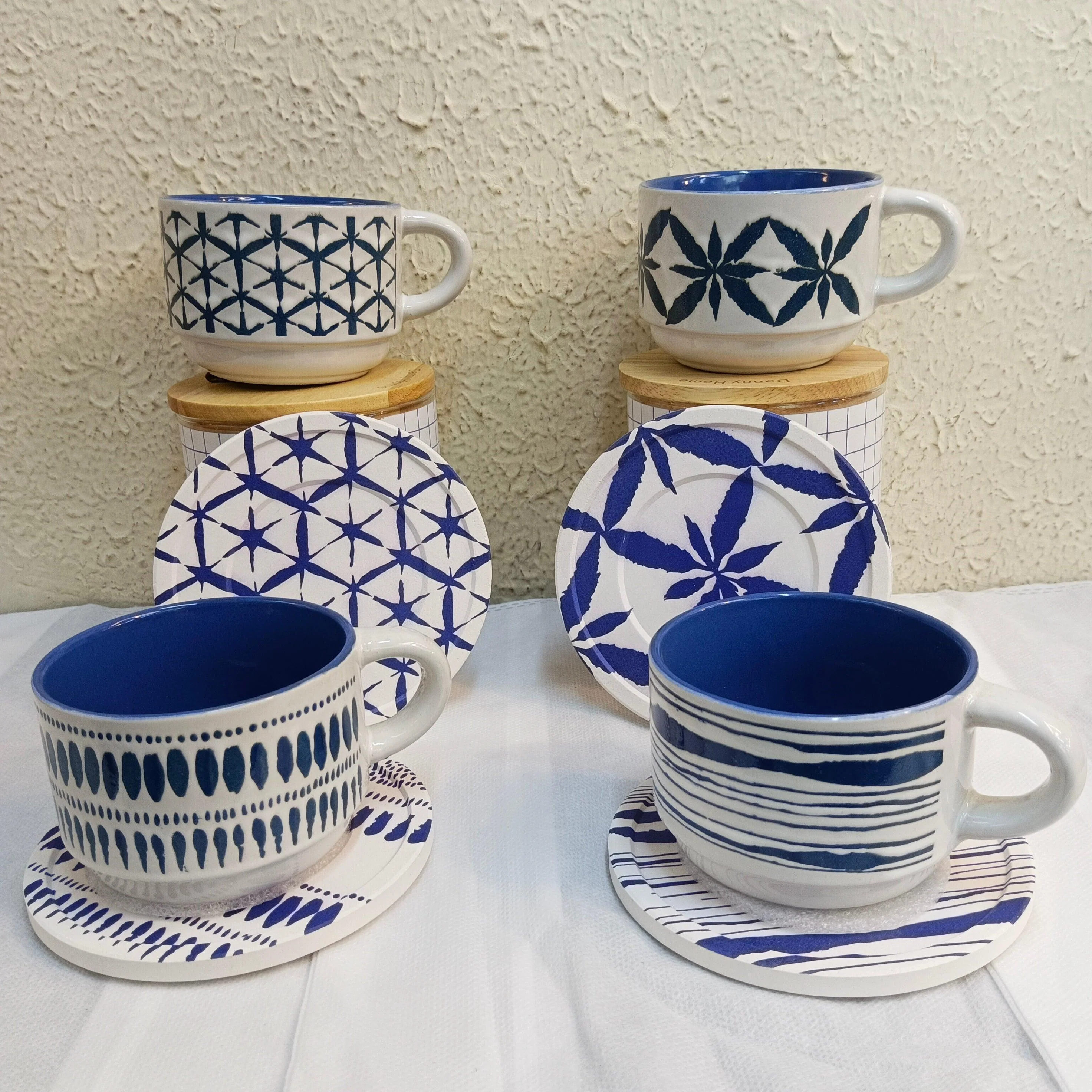 Blue and White Artistic Patterns - Ceramic Mugs with Coasters - Image 2