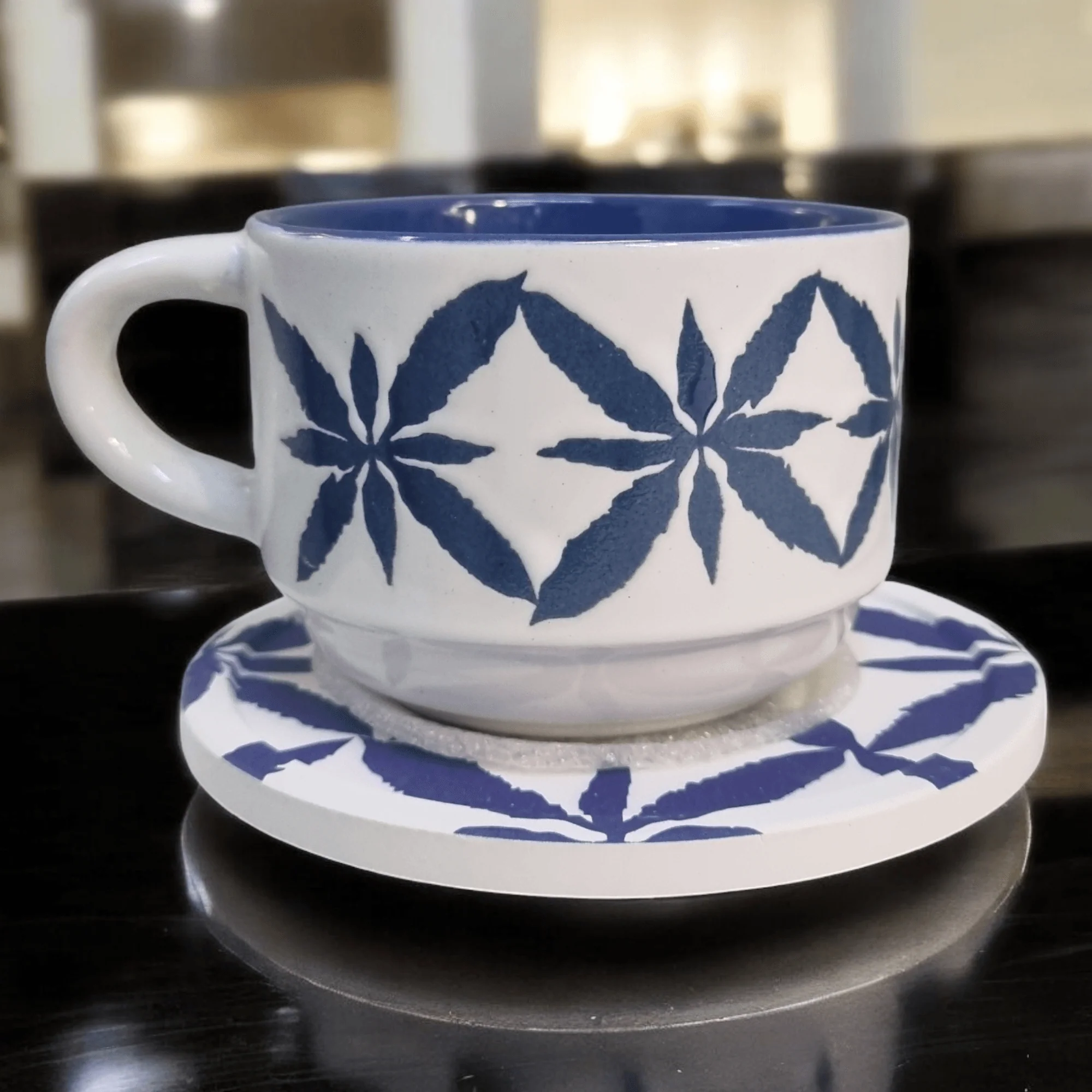 Blue and White Artistic Patterns - Ceramic Mugs with Coasters - Image 3