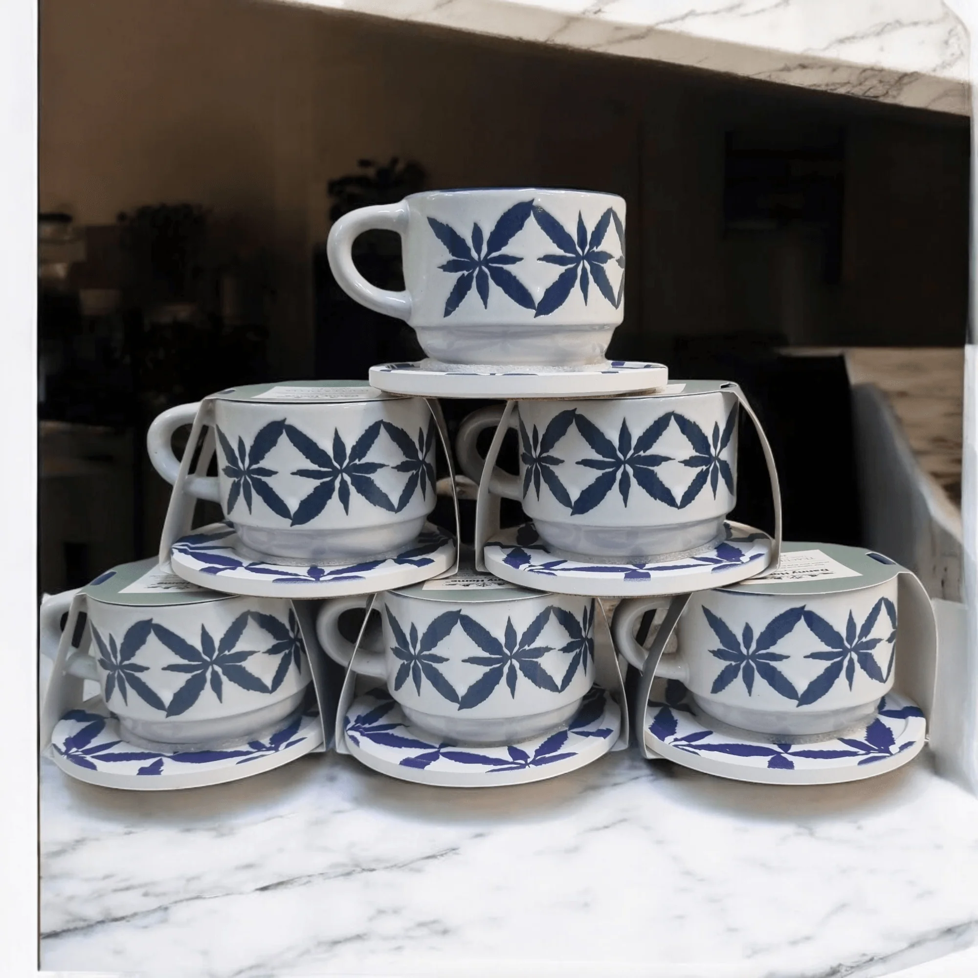 Blue and White Artistic Patterns - Ceramic Mugs with Coasters - Image 4