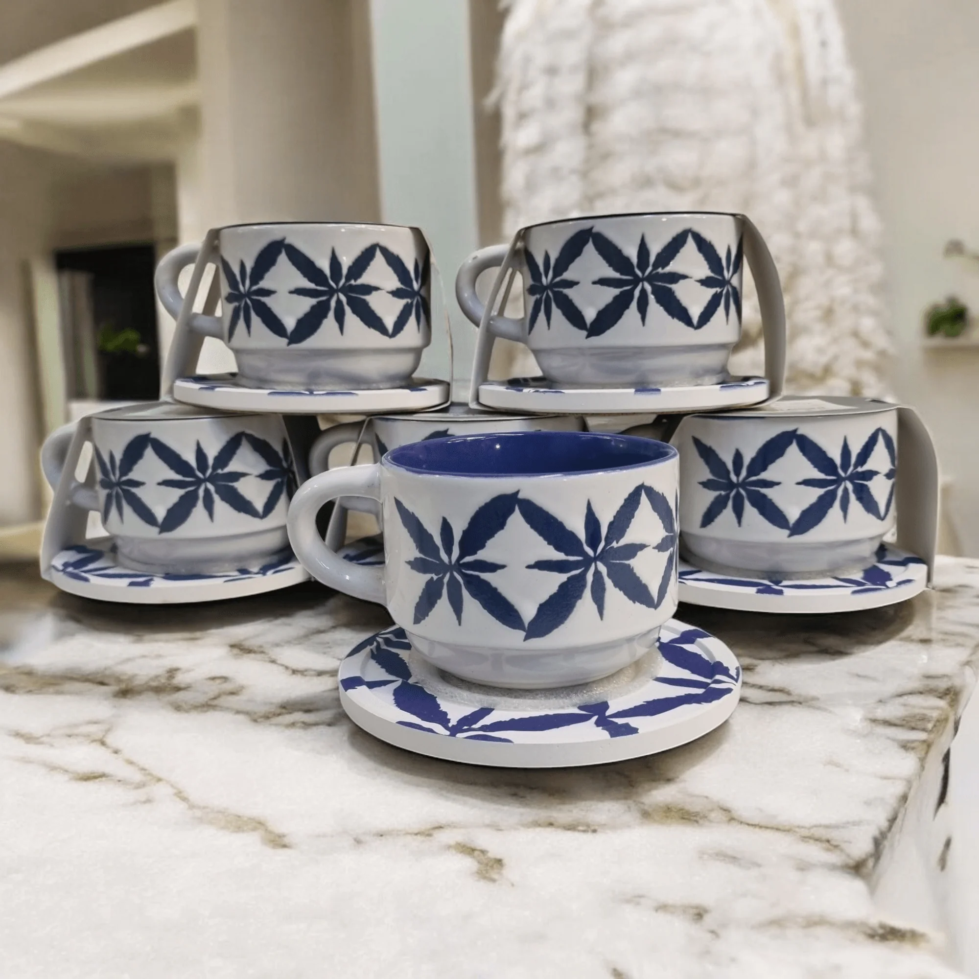 Blue and White Artistic Patterns - Ceramic Mugs with Coasters - Image 5