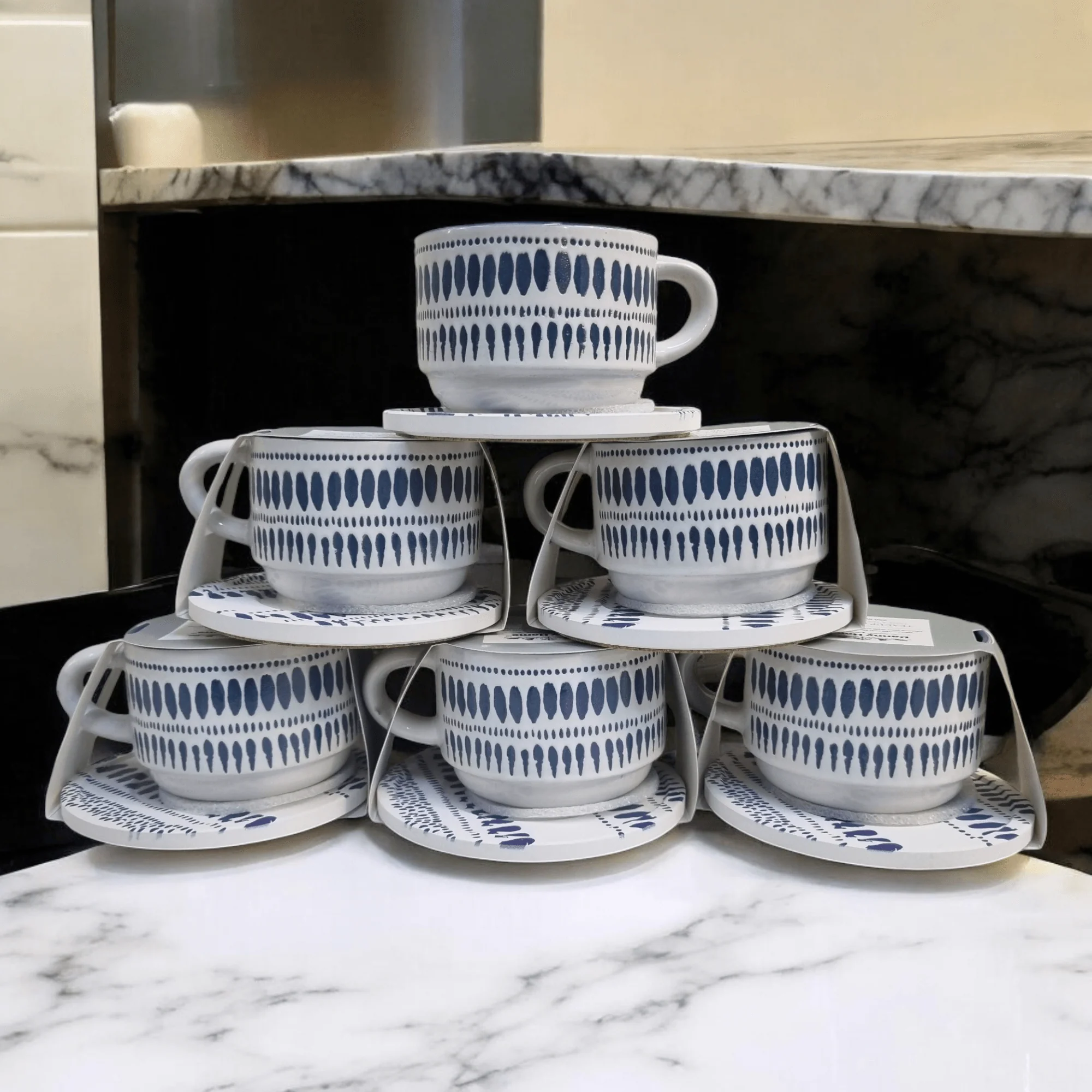 Blue and White Artistic Patterns - Ceramic Mugs with Coasters - Image 6
