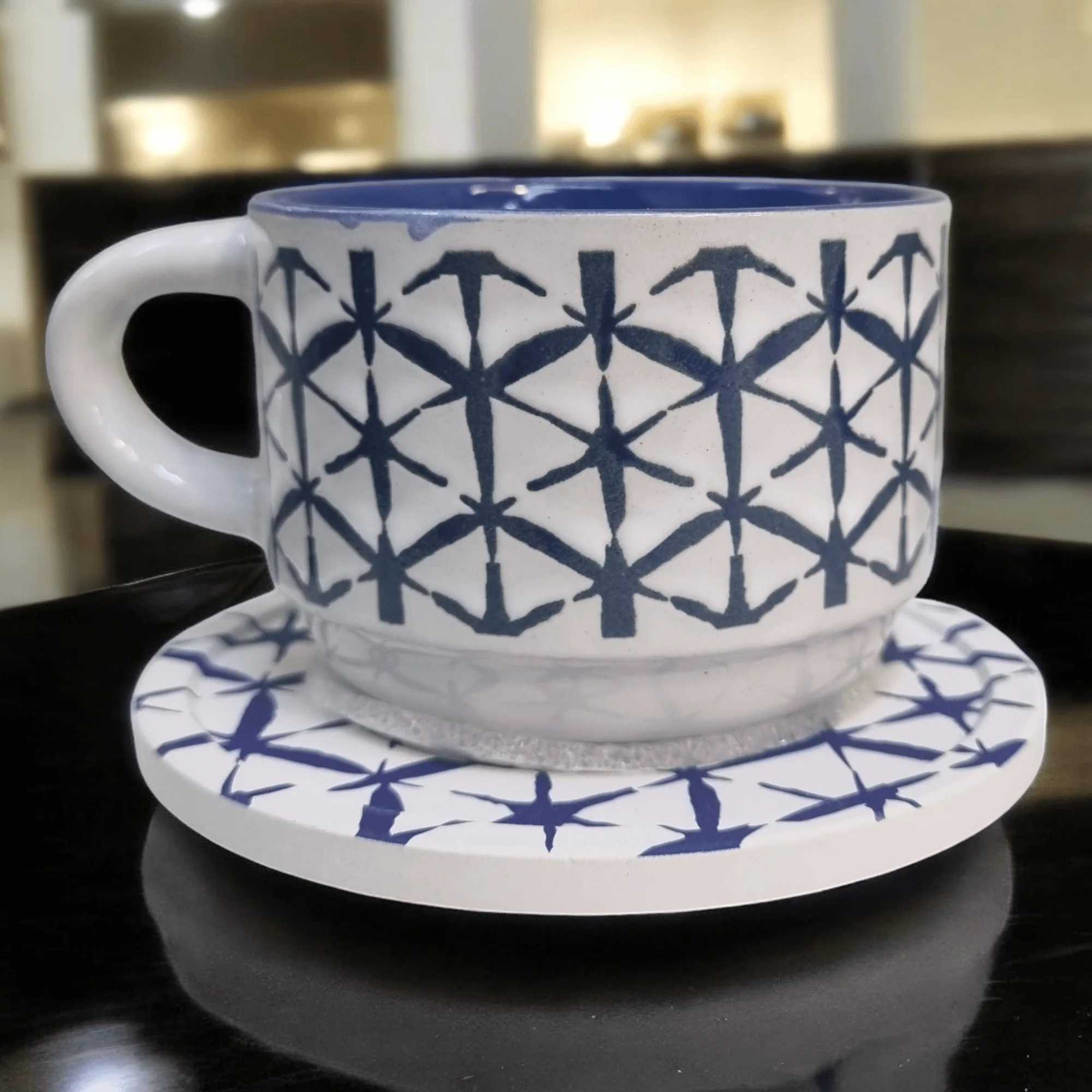 Blue and White Artistic Patterns - Ceramic Mugs with Coasters - Image 7
