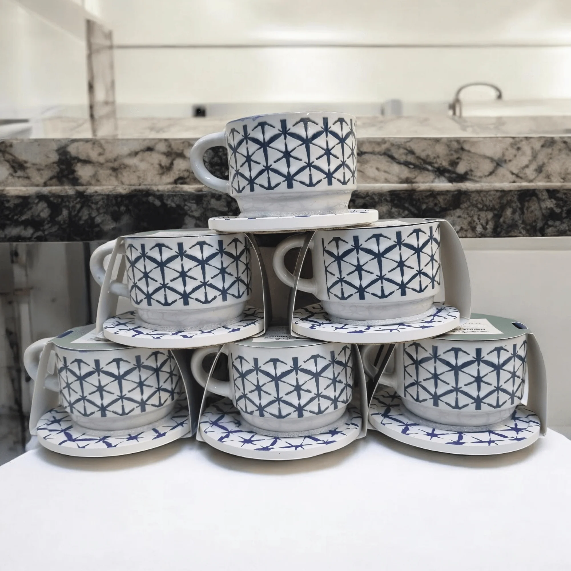 Blue and White Artistic Patterns - Ceramic Mugs with Coasters - Image 8