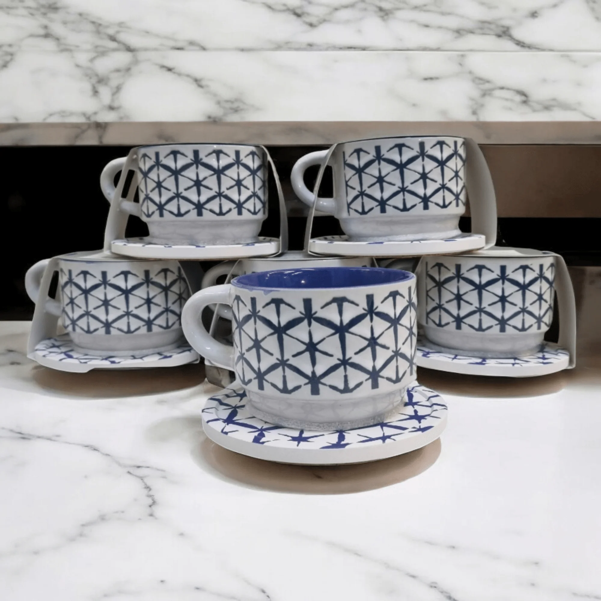 Blue and White Artistic Patterns - Ceramic Mugs with Coasters - Image 9