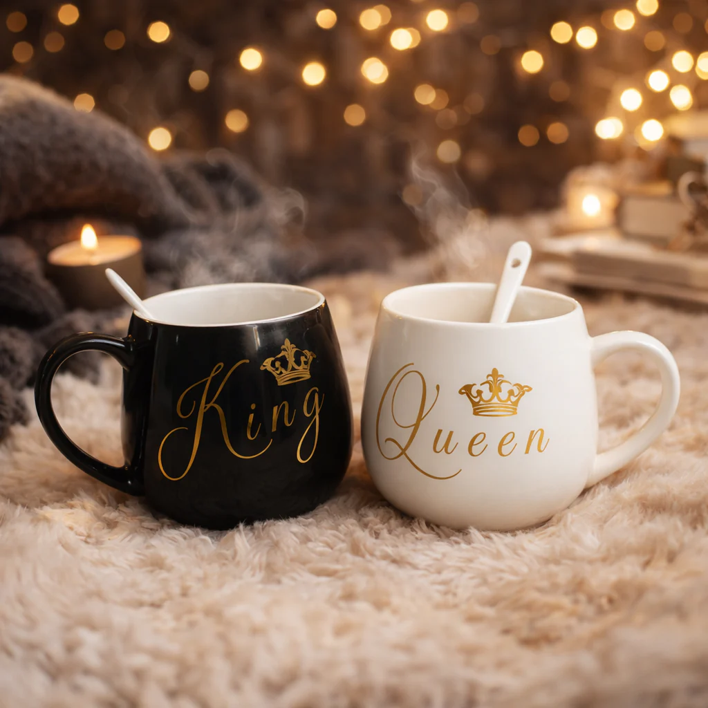 King & Queen Couple Mug Set with Spoons and Gift Box - Image 2