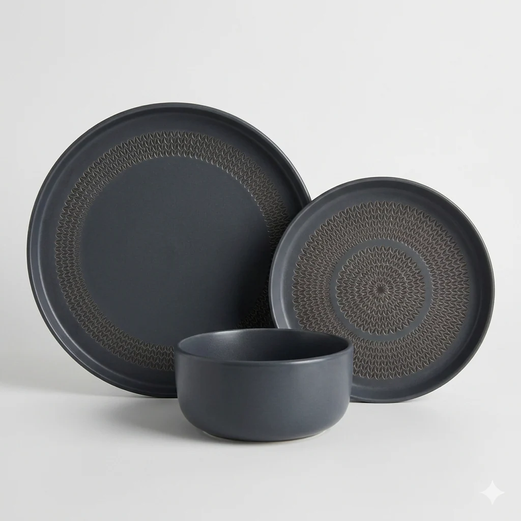 Charcoal Grey Embossed Textured Ceramic Dinnerware Series - Image 2