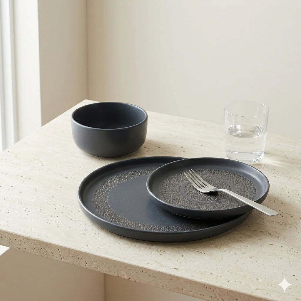 Charcoal Grey Embossed Textured Ceramic Dinnerware Series - Image 3