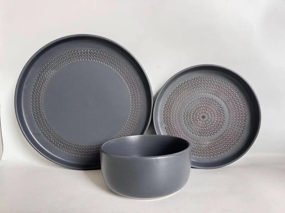 Charcoal Grey Embossed Textured Ceramic Dinnerware Series - Image 4