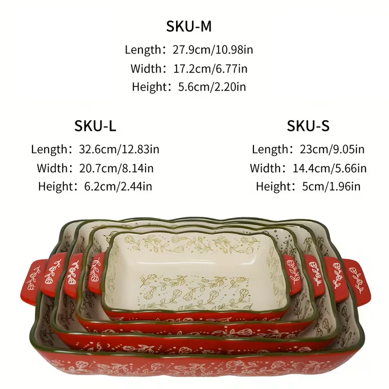 Red Floral Ceramic Rectangular Bakeware Dish with Handles - Image 8
