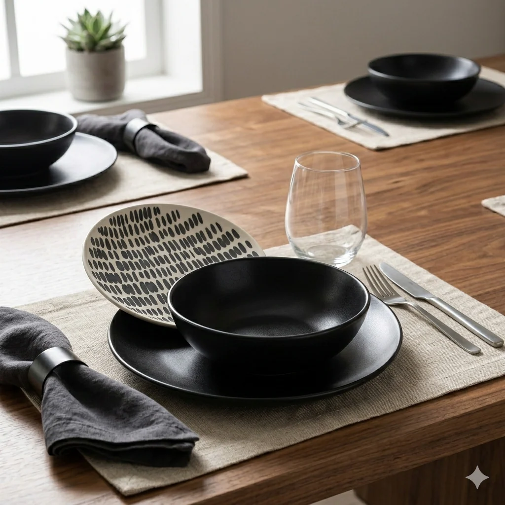 Modern Black & White Ceramic Dinnerware Series - Image 2