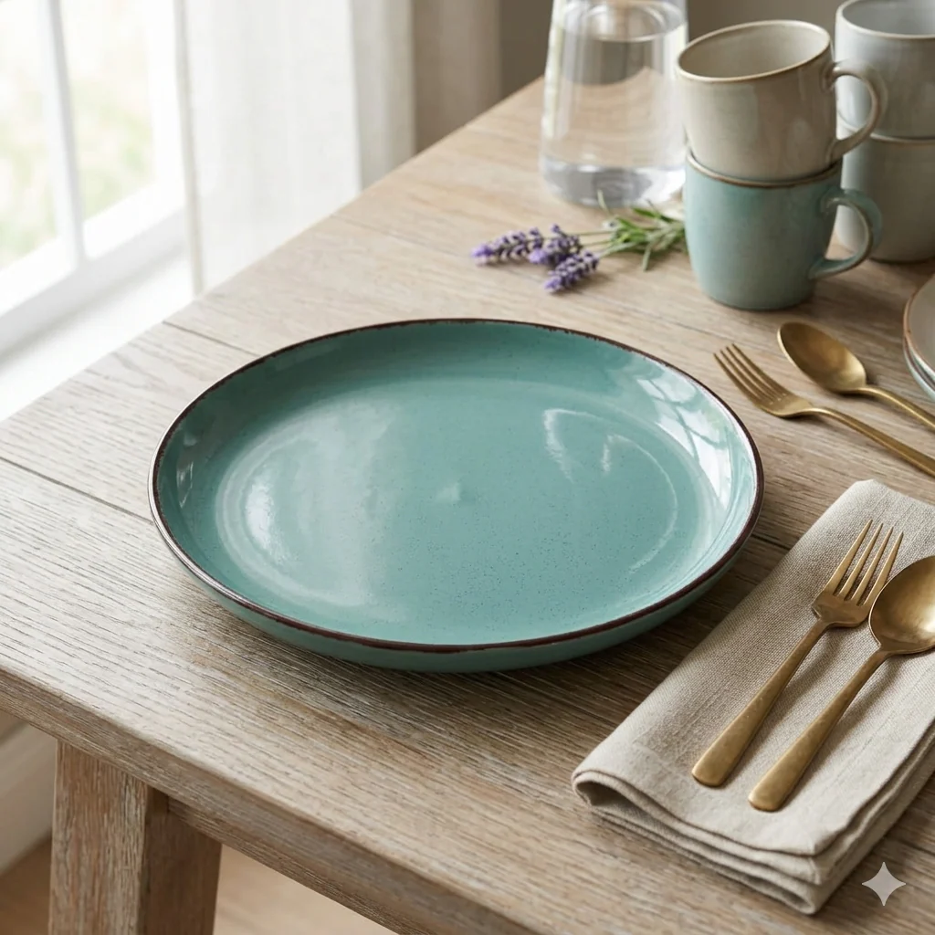 Glossy Aqua Blue Serving Plate with Rustic Rim (10 inch) - Image 3