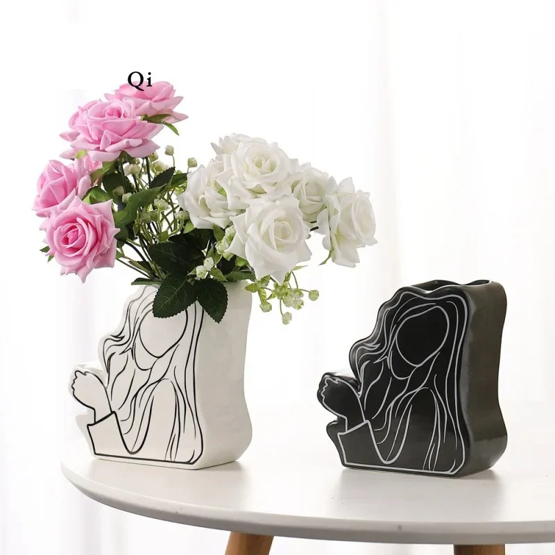 Abstract Line Art Face Ceramic Vase - Image 2