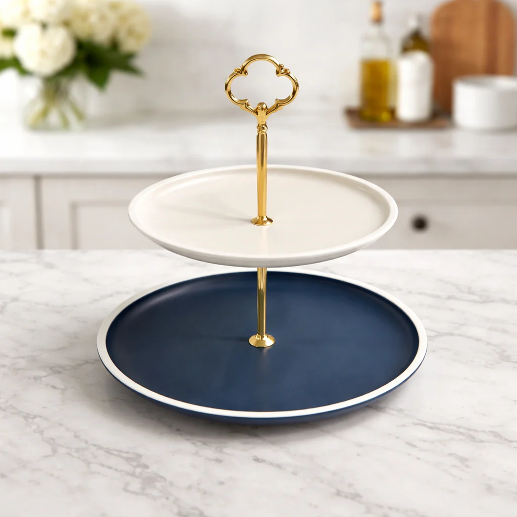 Elegant 2-Tier Serving Platter with Gold Handle - Image 3