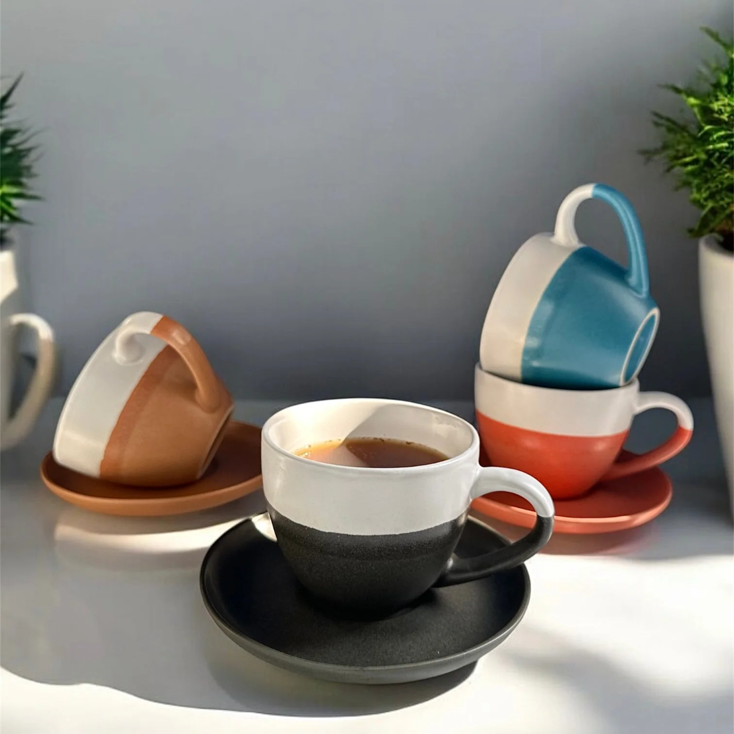 Minimalist Ceramic Coffee Cup with Saucer - Image 2