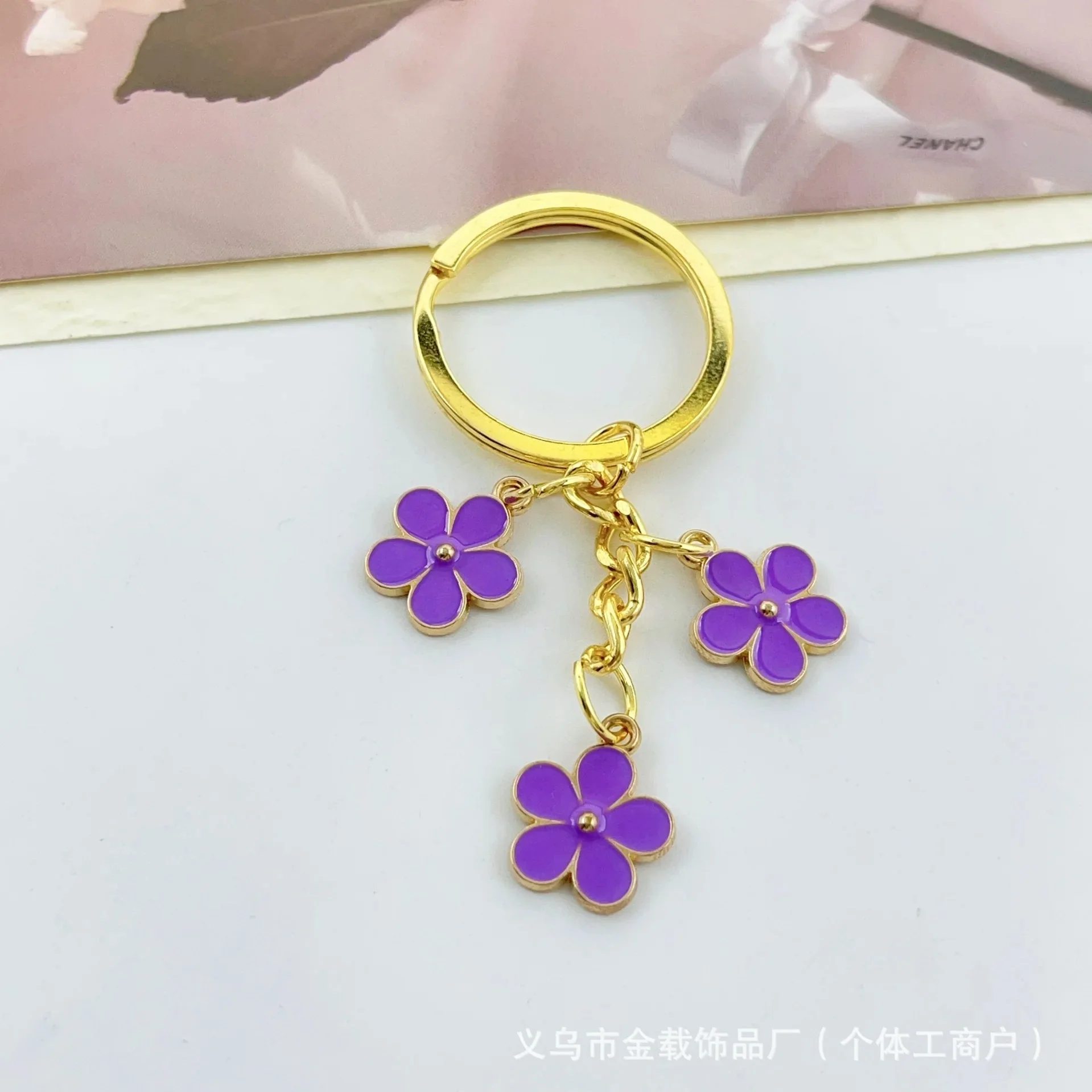 Handmade Floral Charm Keychain with Gold-Tone Ring - Image 10