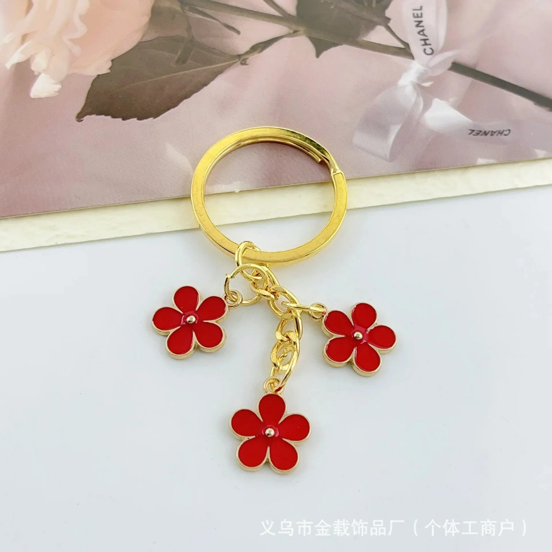 Handmade Floral Charm Keychain with Gold-Tone Ring - Image 11