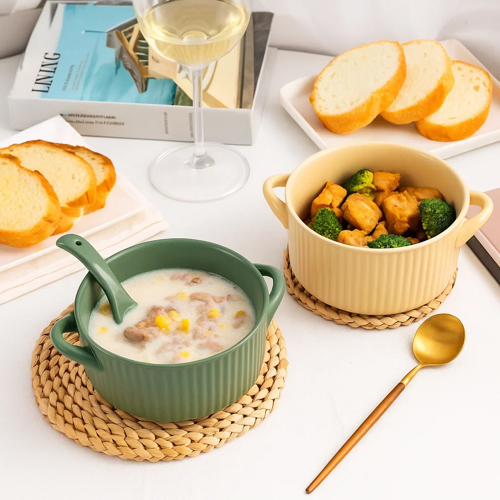Ribbed Ceramic Serving Bowls with Handles (8inch) - Image 3