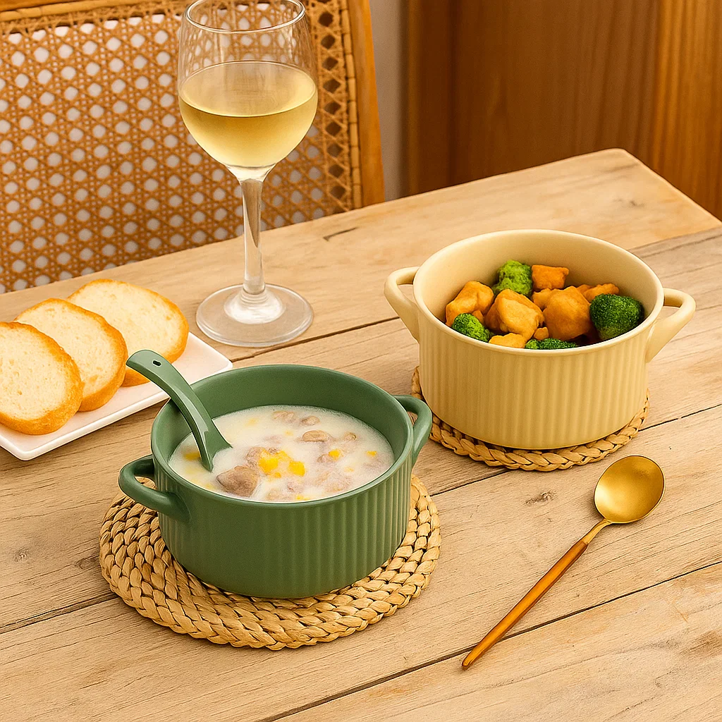 Ribbed Ceramic Serving Bowls with Handles (8inch) - Image 4