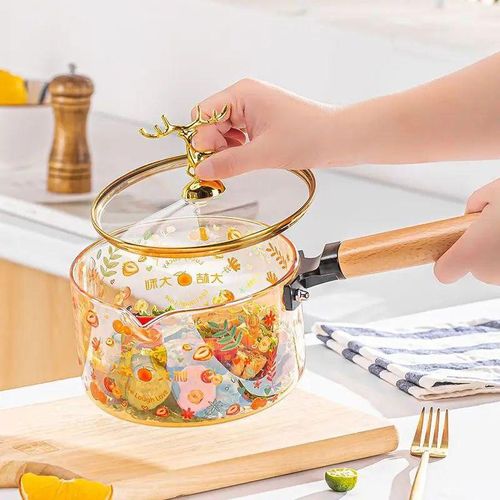 Transparent  Print Glass Saucepan with Wooden Handle and Lid (1.8L) - Image 3