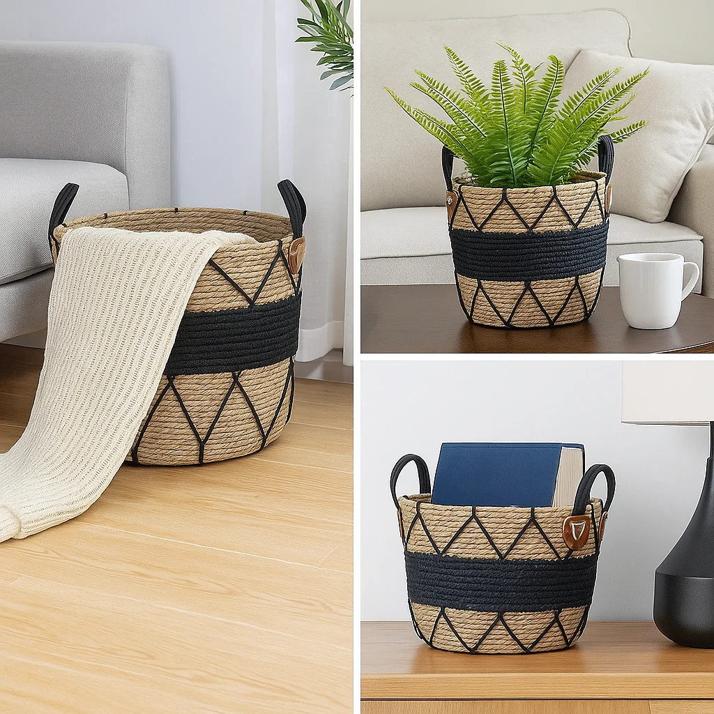 Handwoven Seagrass Basket with Black Diamond Pattern - Image 3