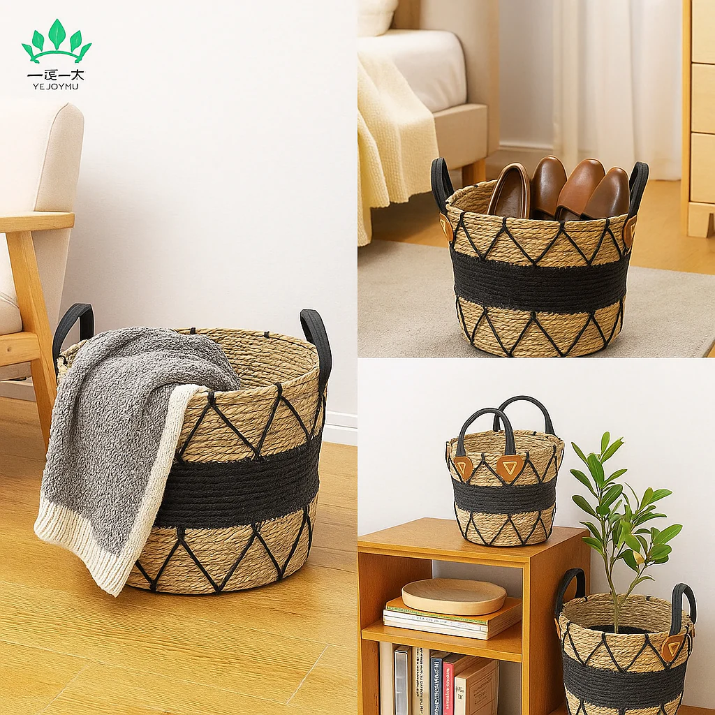 Handwoven Seagrass Basket with Black Diamond Pattern - Image 4