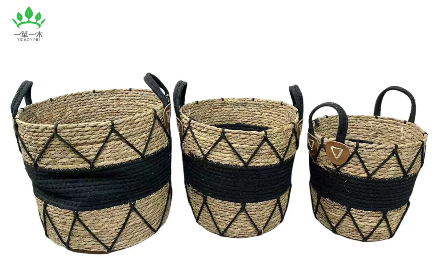 Handwoven Seagrass Basket with Black Diamond Pattern - Image 5
