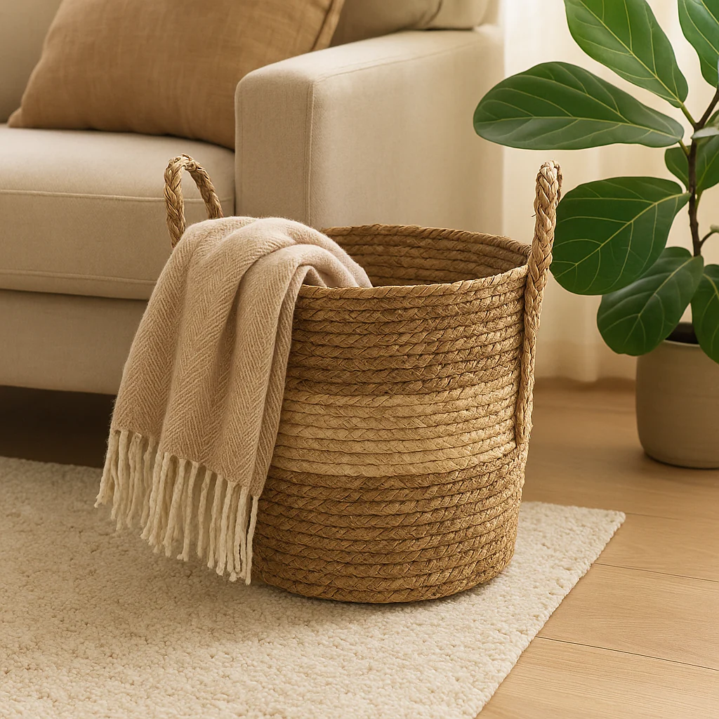 Natural Green Seagrass & Cotton Storage Basket - Image 10