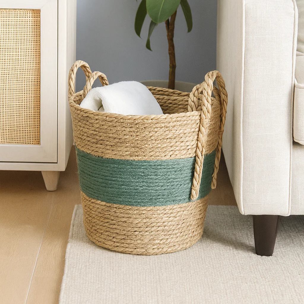 Natural Green Seagrass & Cotton Storage Basket - Image 3