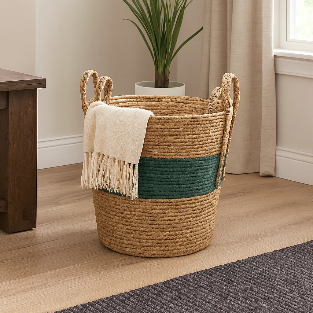 Natural Green Seagrass & Cotton Storage Basket - Image 4