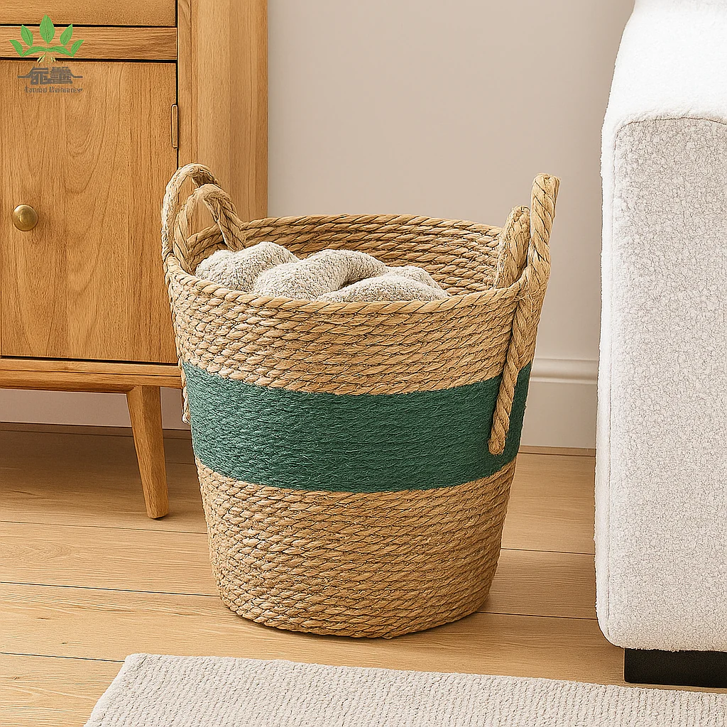 Natural Green Seagrass & Cotton Storage Basket - Image 5