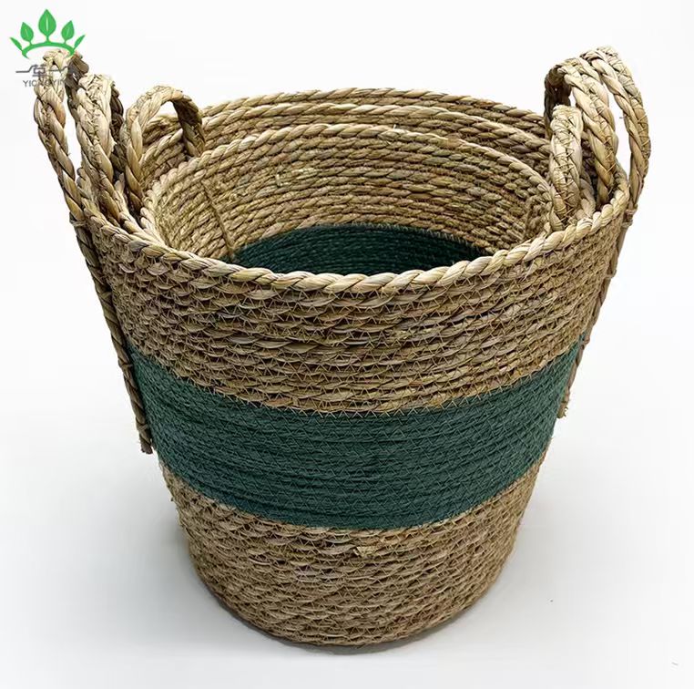 Natural Green Seagrass & Cotton Storage Basket - Image 6