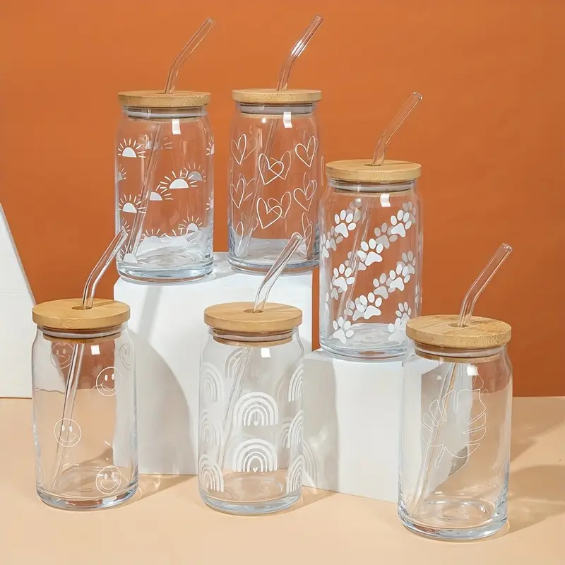 White Print Glass Tumblers with Bamboo Lid - Image 4