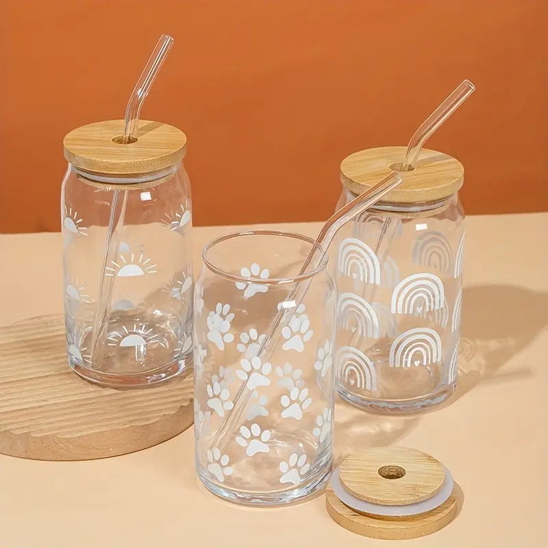 White Print Glass Tumblers with Bamboo Lid - Image 5
