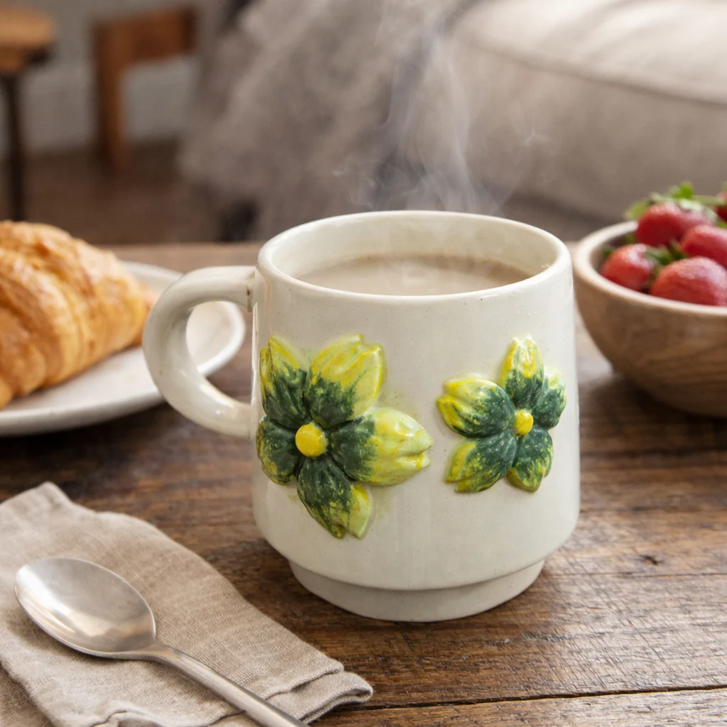 Handmade Ceramic Mug-  3D Flowers - Image 2